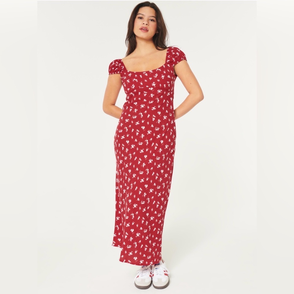 Hollister Red Floral Crepe Cap Sleeve Open Back Midi Dress Size Large Summer EUC